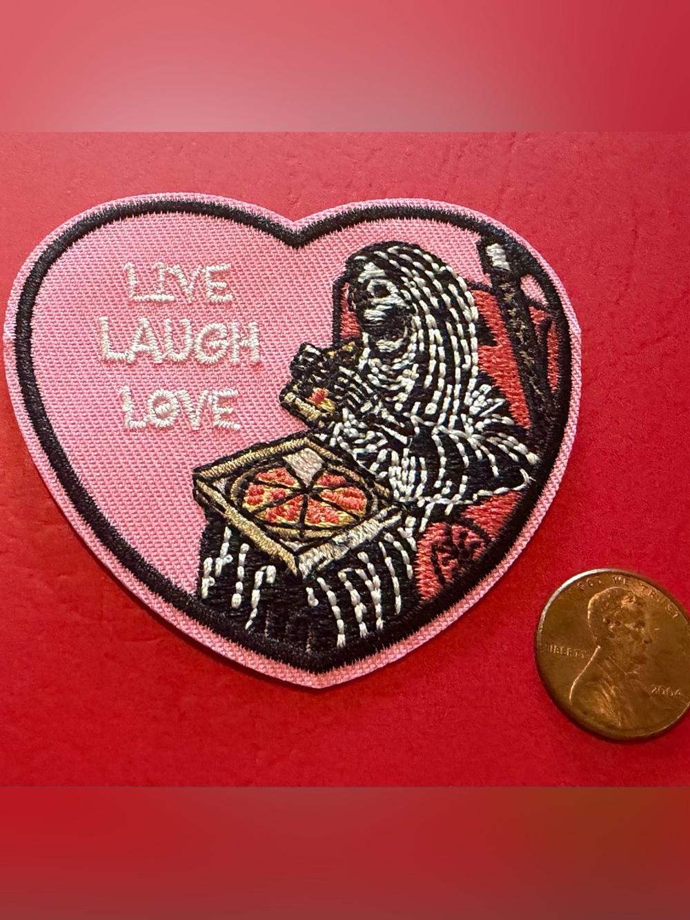 Embroidered Heart Patch - 'Live Laugh Love' Skeleton with Pizza - Pink & Black
